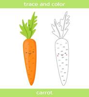 Educational worksheet Trace and color cute kawaii carrot. vector