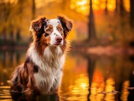 Dog and its reflection in a calm pond AI Generative photo