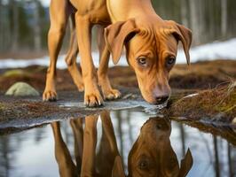 Dog and its reflection in a calm pond AI Generative photo