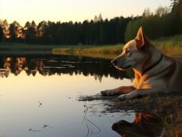 Dog and its reflection in a calm pond AI Generative photo