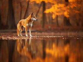 perro y sus reflexión en un calma estanque ai generativo foto