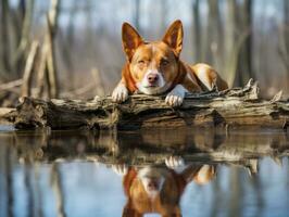 Dog and its reflection in a calm pond AI Generative photo