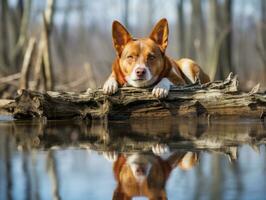 perro y sus reflexión en un calma estanque ai generativo foto