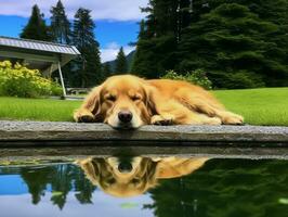 Dog and its reflection in a calm pond AI Generative photo