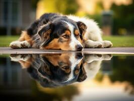 Dog and its reflection in a calm pond AI Generative photo