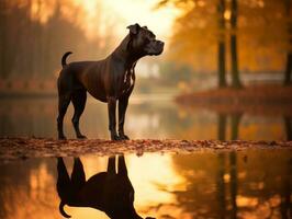 perro y sus reflexión en un calma estanque ai generativo foto