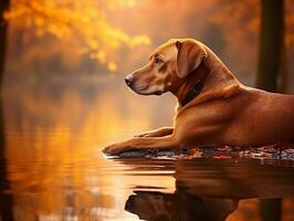 perro y sus reflexión en un calma estanque ai generativo foto