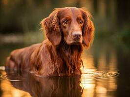 perro y sus reflexión en un calma estanque ai generativo foto