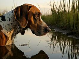 Dog and its reflection in a calm pond AI Generative photo