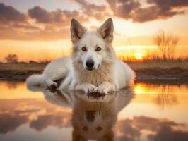 Dog and its reflection in a calm pond AI Generative photo