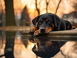 Dog and its reflection in a calm pond AI Generative photo