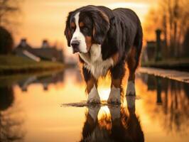 Dog and its reflection in a calm pond AI Generative photo