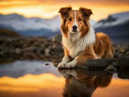 Dog and its reflection in a calm pond AI Generative photo