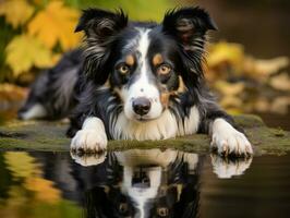 Dog and its reflection in a calm pond AI Generative photo