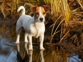 Dog and its reflection in a calm pond AI Generative photo