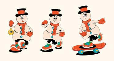 Funny retro characters Snowman. Set of posing vector illustrations of winter symbol, December in 60s-80s style. Merry Christmas and Happy New Year.