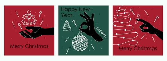 Set of Merry Christmas and New Year poster design. With hands, Christmas balls with blots in doodle style. Colorful illustrations in collage style. Modern vector design for banners, cards, greetings.