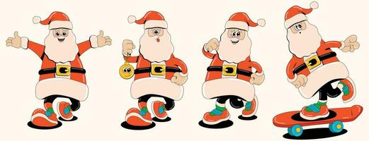 Funny retro Santa Claus characters. Set of posing vector illustrations of Christmas symbol in 60s-80s style. Merry Christmas and Happy New Year.