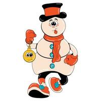 Funny Christmas Snowman character in retro cartoon style. 60s-80s vector illustration. Merry Christmas and Happy New Year.