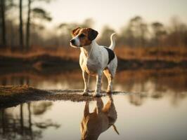 Dog and its reflection in a calm pond AI Generative photo