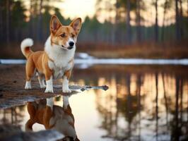 Dog and its reflection in a calm pond AI Generative photo