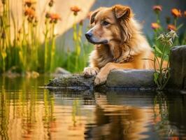 Dog and its reflection in a calm pond AI Generative photo