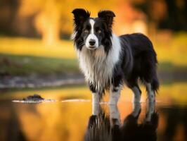 perro y sus reflexión en un calma estanque ai generativo foto