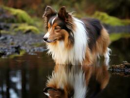 Dog and its reflection in a calm pond AI Generative photo