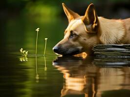 Dog and its reflection in a calm pond AI Generative photo