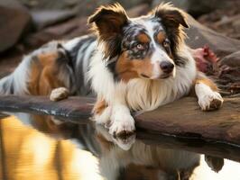 Dog and its reflection in a calm pond AI Generative photo