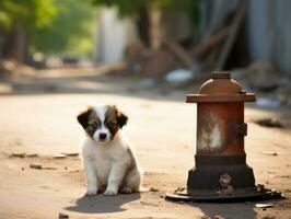 Cute puppy sitting by a fire hydrant AI Generative photo