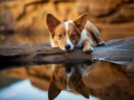 Dog and its reflection in a calm pond AI Generative photo