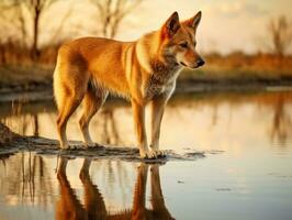 Dog and its reflection in a calm pond AI Generative photo