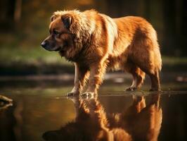 Dog and its reflection in a calm pond AI Generative photo