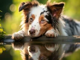 Dog and its reflection in a calm pond AI Generative photo
