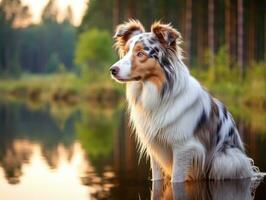 Dog and its reflection in a calm pond AI Generative photo