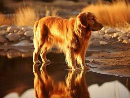 Dog and its reflection in a calm pond AI Generative photo