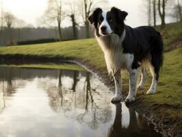 perro y sus reflexión en un calma estanque ai generativo foto