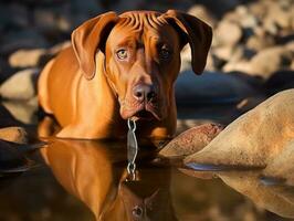 perro y sus reflexión en un calma estanque ai generativo foto