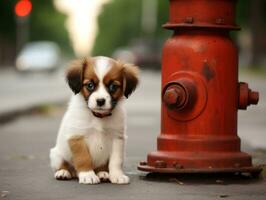 Cute puppy sitting by a fire hydrant AI Generative photo