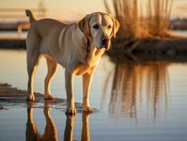 Dog and its reflection in a calm pond AI Generative photo