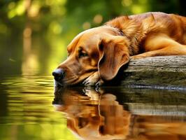 Dog and its reflection in a calm pond AI Generative photo