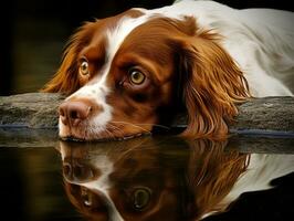 perro y sus reflexión en un calma estanque ai generativo foto