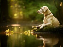 Dog and its reflection in a calm pond AI Generative photo