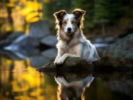Dog and its reflection in a calm pond AI Generative photo