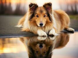 Dog and its reflection in a calm pond AI Generative photo