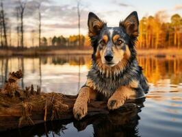 perro y sus reflexión en un calma estanque ai generativo foto