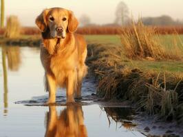 Dog and its reflection in a calm pond AI Generative photo