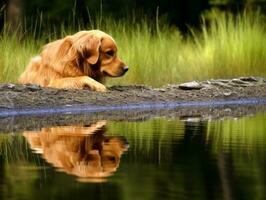 Dog and its reflection in a calm pond AI Generative photo