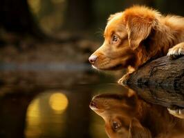 Dog and its reflection in a calm pond AI Generative photo